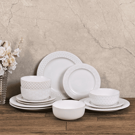 12-Piece Embossed Ceramic Dinnerware Set for 4 - Plates and Bowls Set with 4 Unique Patterns, Ideal for Daily Meals, Gatherings & Gifting, Stylish Kitchen & Dining Essential