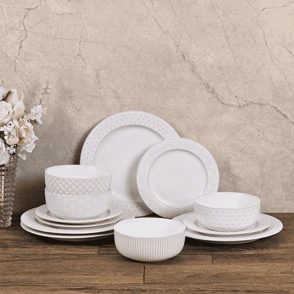 BVIEAKD 12-Piece White Embossed Ceramic Dinnerware Set, Service for 4, Plates and Bowls with 4 Unique Patterns, Dishwasher & Microwave Safe, for Daily Use, Gatherings & Housewarming Gifts