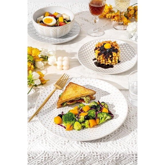 12 Piece Embossed Dinnerware Sets for 4, Elegant Plates and Bowls Sets, Microwave & Dishwasher Safe, Stoneware for Stylish Home DiningPerfect Housewarming Gift for Busy Families & Hostesses