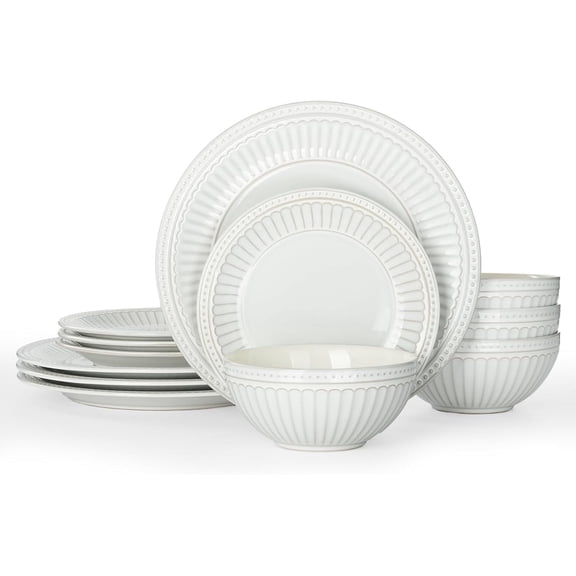 12-Piece Embossed Stoneware Dinnerware Set with Reactive Glaze Service for 4 White