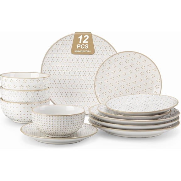 12-Piece Farmhouse Dinnerware Set White Embossed Ceramic Plates and Bowls for 4 Chip-Resistant Microwave and Dishwasher Safe