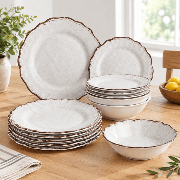 12 Piece Farmhouse Dinnerware Set White Plate And Bowl