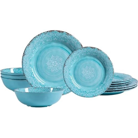 12-Piece Farmhouse Dinnerware Set, set of 4, 100% Melamine Dishes Serving Set with Plates and Bowls, Non-breakable and Lightweight Dinner Set for indoor and outdoor entertaining, Light Teal