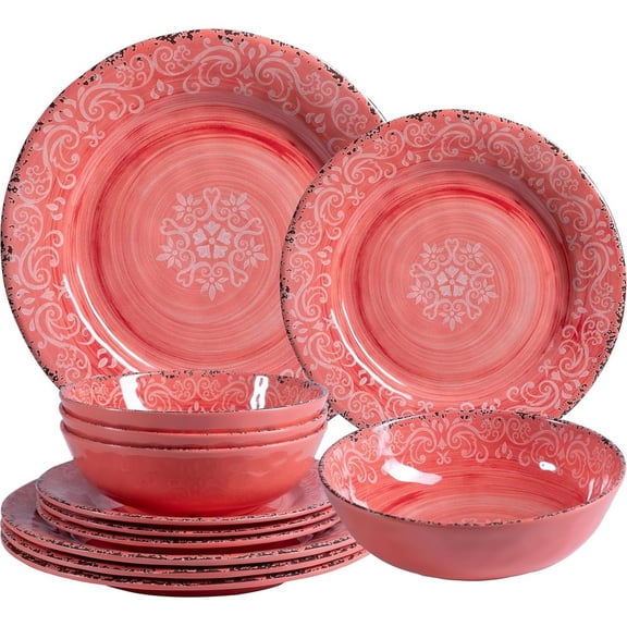12-Piece Farmhouse Melamine Dinnerware Set, Elegant Unbreakable plates and bowls sets, BPA Free Dinner Dishes serving Set, Service for 4, Perfect for Indoor/Outdoor Dining, Peach pink Red