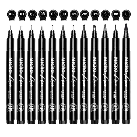12-Piece Fine Tip Pen Set Black Extra Fine Multiliner with Storage Case