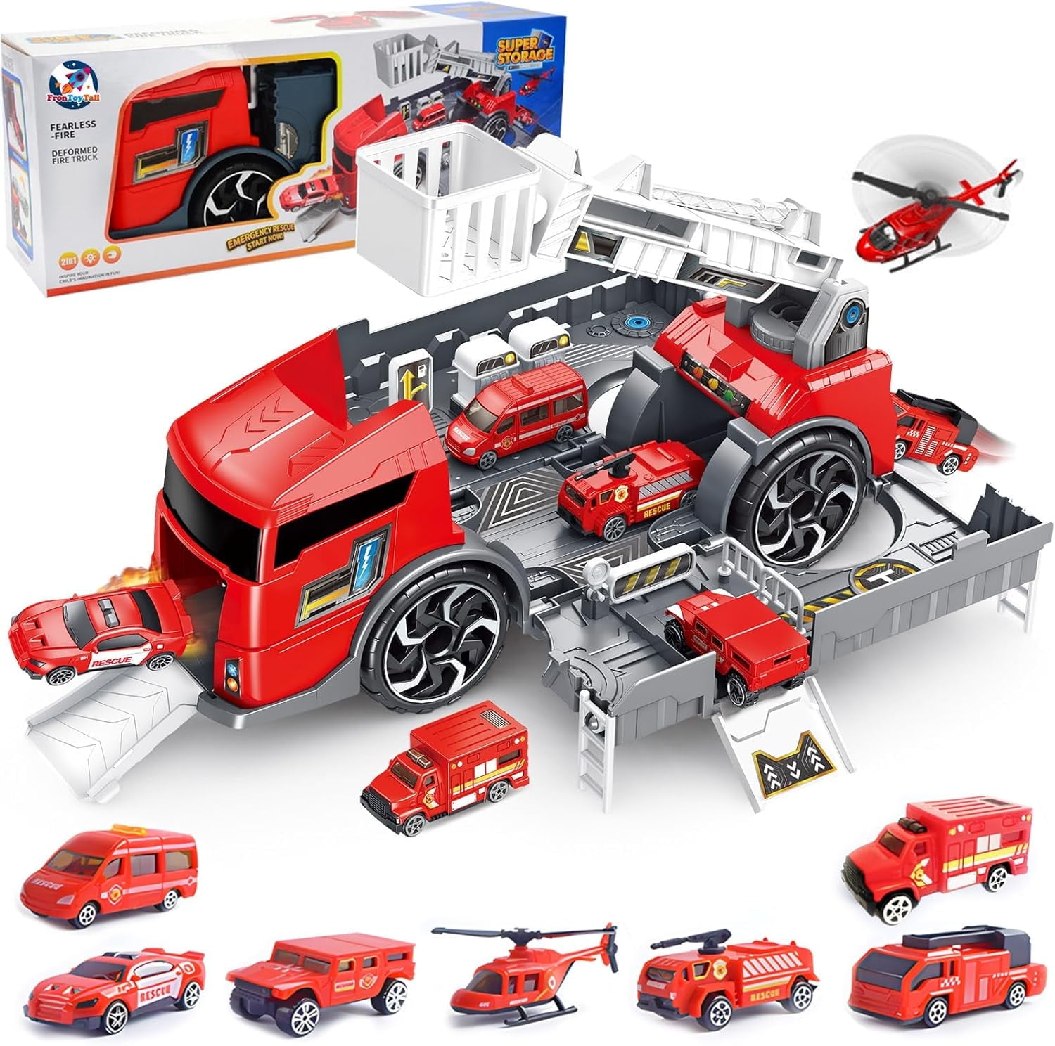 12-Piece Fire Truck Toy Set with Carrier Truck & Rescue Helicopter – Interactive Fire Station Playset for Kids 3-8, Stem Learning Gift for Boys Girls