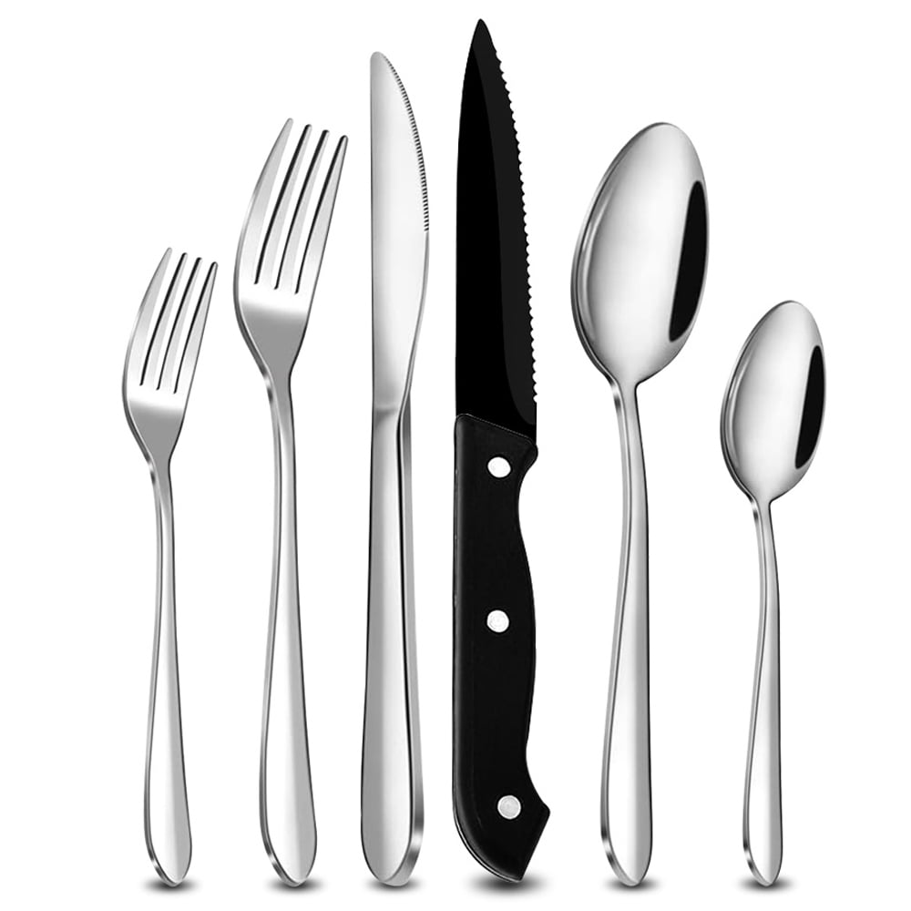 12Piece Flatware Set with Black Steak Knives, Service for 2 Stainless Steel Cutlery Finish