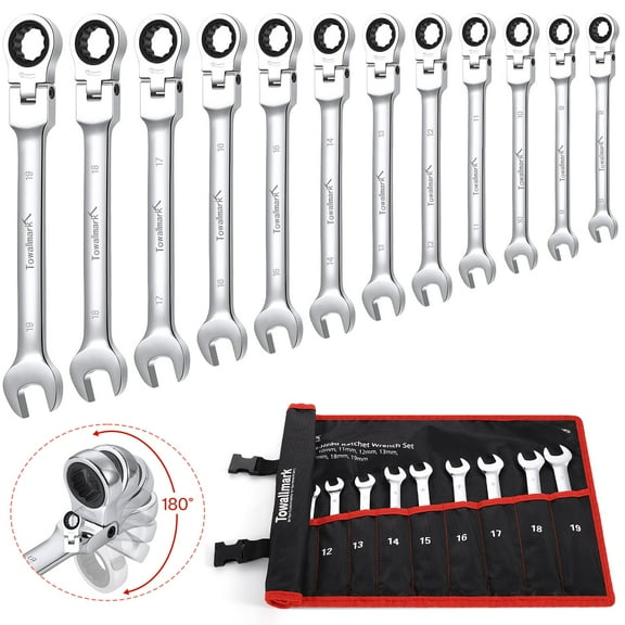 12-Piece Flex-Head Wrench Set, Ratcheting Combination Set, Metric 8-19mm, 72-Teeth,Cr-V Steel Ratchet Wrenches Set with Storage Bag for home/car/bike etc