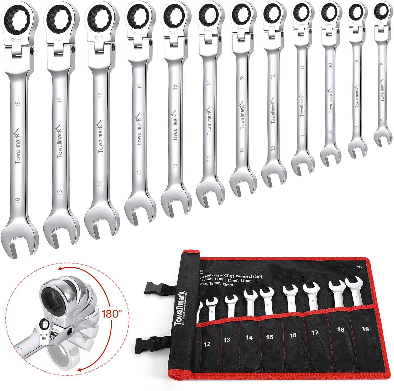 12-Piece Flex-Head Wrench Set, Ratcheting Combination Set, Metric 8-19mm, 72-Teeth,Cr-V Steel Ratchet Wrenches Set with Storage Bag for home/car/bike etc