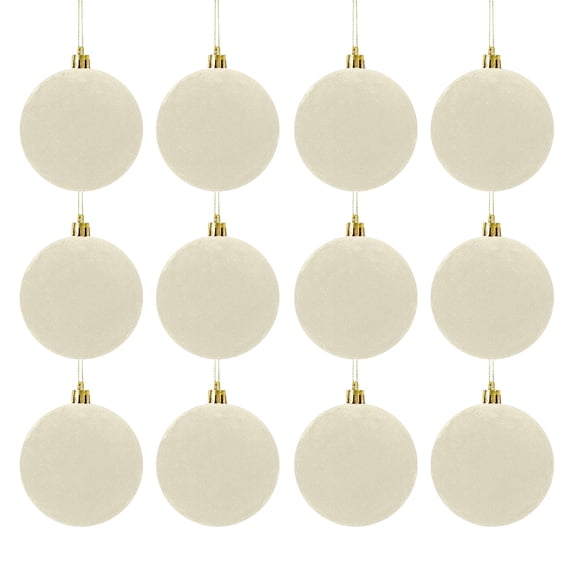 12-Piece Flocked Christmas Ball Ornaments 2.4 in Plastic Velvet Style Baubles Beige for Tree Wreath Decor