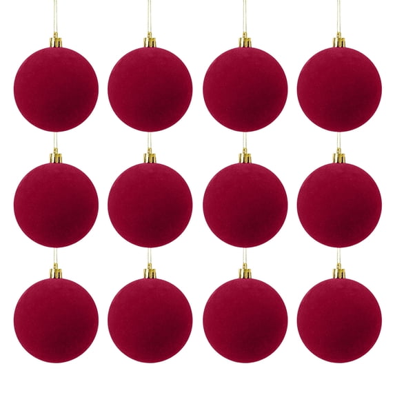 12-Piece Flocked Christmas Ball Ornaments 2.4 in Plastic Velvet Style Baubles Burgundy for Tree Wreath Decor