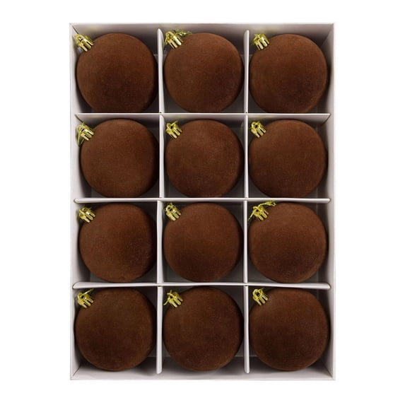 12-Piece Flocked Christmas Ball Ornaments 2.4 in Plastic Velvet Style Baubles Coffee Brown for Tree Wreath Decor