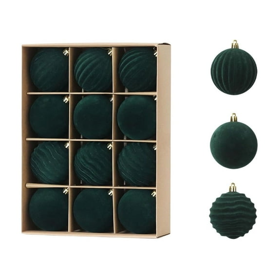 12-Piece Flocked Christmas Ornament Set for Tree Decorating | Flocked Balls with Caps and Rope, Hanging Ornaments for Home, Office, Events