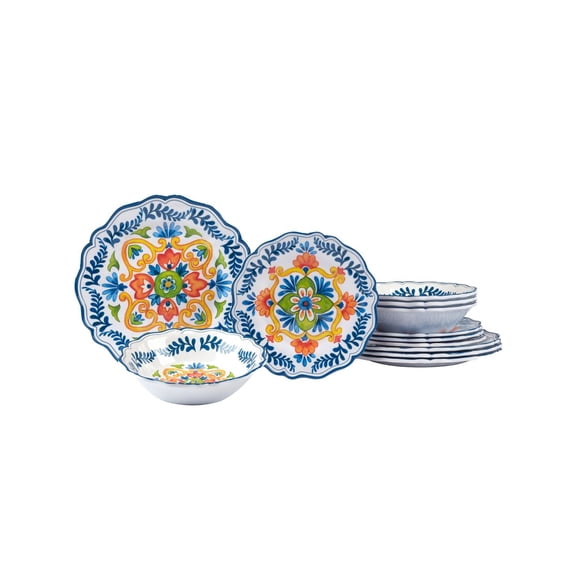 12-Piece Flores Dinnerware Set, Service for 4, Vibrant Floral Patterns, Durable Melamine