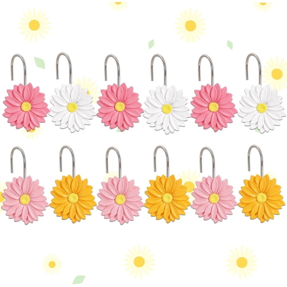 12-Piece Flowers Daisy Floral Shower Curtain Hooks for Bathroom