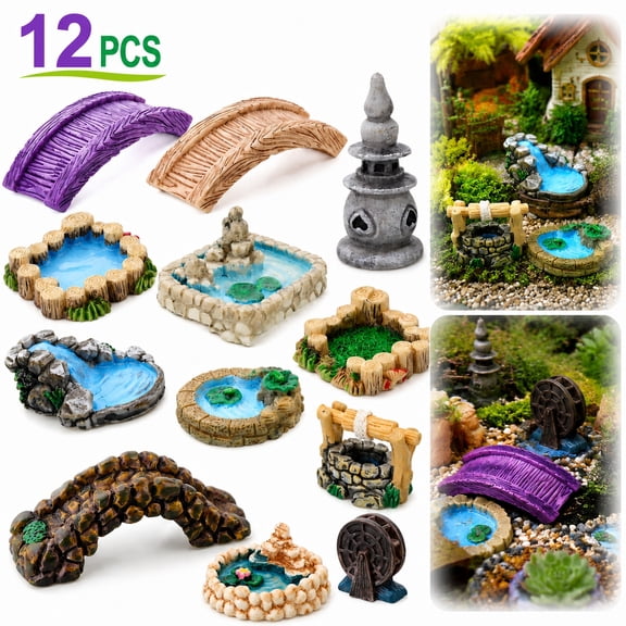 12-Piece Garden Bridge & Lighthouse Figurines Set, Miniature Pond Decorations with Water Well, Classic Style Lawn Ornaments for DIY Fairy Garden, Yard & Patio Decor