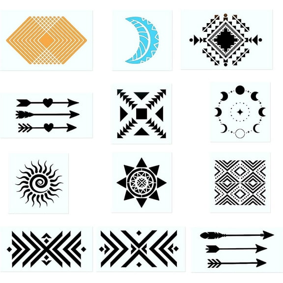 12 Piece Geometric Stencil Art Tribal Sign Stencils Geometric Arrow Pattern Painting Template for Farmhouse Wood Sign Furniture Floor DIY Scrap Booking Card-Making