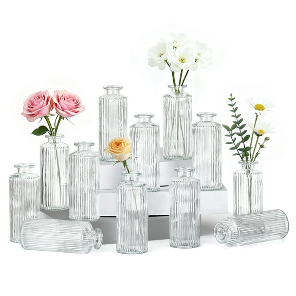 12-Piece Glass Bud Vase Set, Mini Vintage Flower Vases for Centerpieces, Rustic Wedding Table Decor, Small Glass Bottles for Home, Christmas or Housewarming Gifts（Ribbed Cylinder）