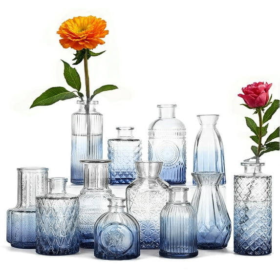 12-Piece Glass Bud Vase Set, Small Vintage Flower Vases, Mini Glass Bottles for Rustic Wedding Centerpieces, Home Party Table Decor(Blue)