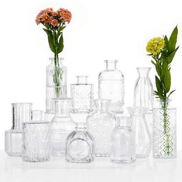 12-Piece Glass Bud Vase Set, Small Vintage Flower Vases, Mini Glass Bottles for Rustic Wedding Centerpieces, Home Party Table Decor（Clear）