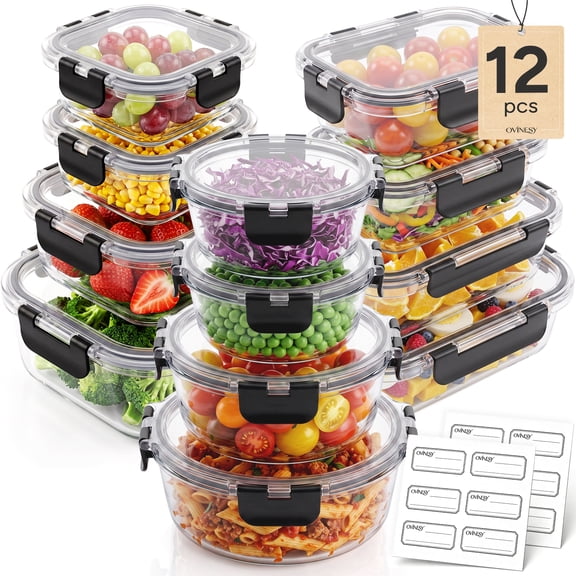 OVINESY Glass Meal Prep Containers 12-Piece Set with Lids, 3 Shapes & 9 Sizes, Leakproof Food Storage Containers with Lids, Microwave, Freezer and Dishwasher Safe, BPA-Free