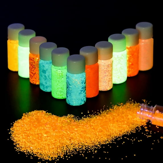 12-Piece Glow in The Dark Glitter, Luminous Chunky Powder Body Glitter Flakes Face Body Paint Pigment, 0.35 oz Bottle