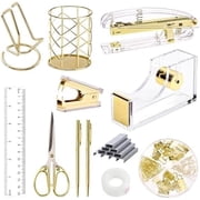 12-Piece Gold Acrylic Desk Accessories Set - Includes Stapler, Pen Holder, Phone Stand, Scissors, Ruler & More, Elegant Office Supplies for Home or Work