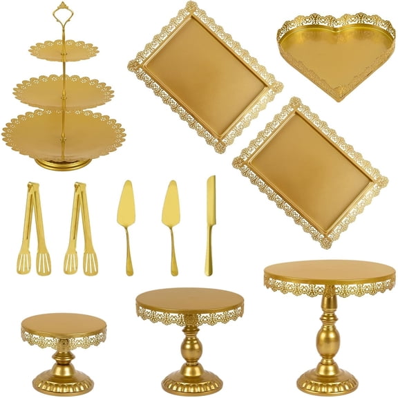 12-Piece Gold Metal Dessert Stand Set with Three-Tier Display, Heart and Rectangular Trays, Clips, Spatulas, and Pie Cutter