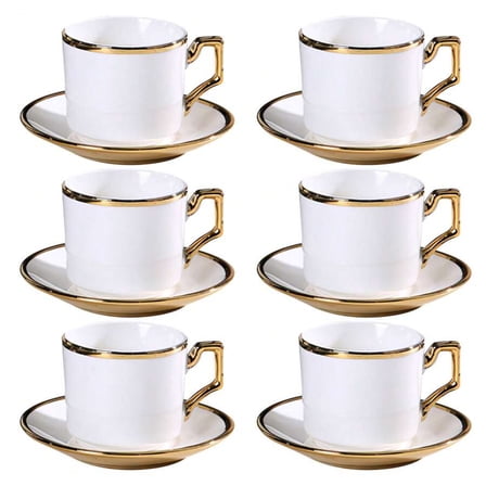 12-Piece Gold Rim Porcelain Coffee Cup and Saucer Set - 90ml Small Espresso Cups for Turkish, Greek & Arabic Coffee - Modern Serving Set for Home Café and Entertaining