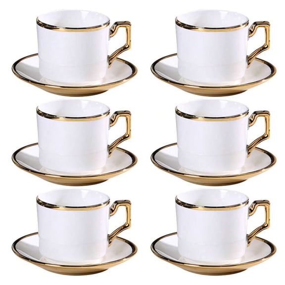 12-Piece Gold Rim Porcelain Coffee Cup and Saucer Set - 90ml Small Espresso Cups for Turkish, Greek & Arabic Coffee - Modern Serving Set for Home Café and Entertaining