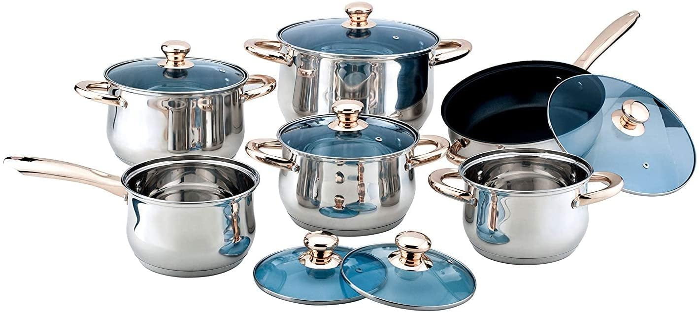 12 Piece Gourmet Stainless Steel Cookware Pots & Pans Nonstick Saut Pan &  Blue Glass Lids Encapsulated Base