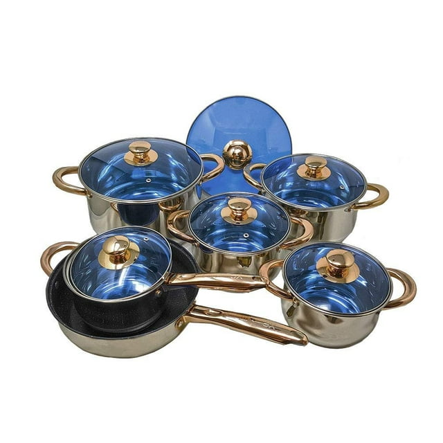 12 Piece Gourmet Stainless Steel & Copper Cookware Pots & Pans Nonstick Saut Pan & Blue Glass Lids Encapsulated Bottom with Liquid Measurement Marks
