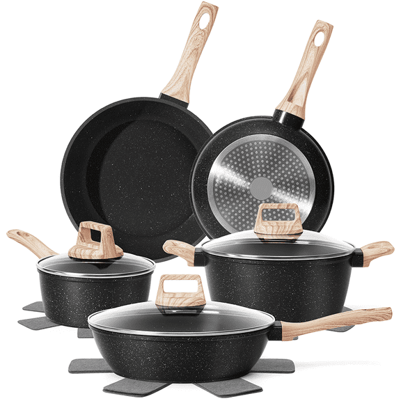 12-Piece Granite Non-Stick Cookware Set - Including Frying Pan, Saucepan, Steamer, Spatula & Tongs - Black - For Home Cooks & Families - Perfect for Everyday Cooking &kitchen accessories Gifting
