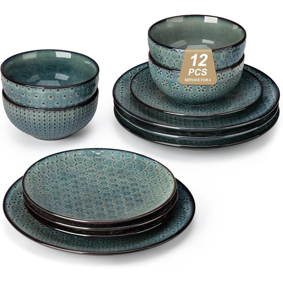 12-Piece Green Farmhouse Dinnerware Set for 4 Embossed Ceramic Plates and Bowls Microwave and Dishwasher Safe
