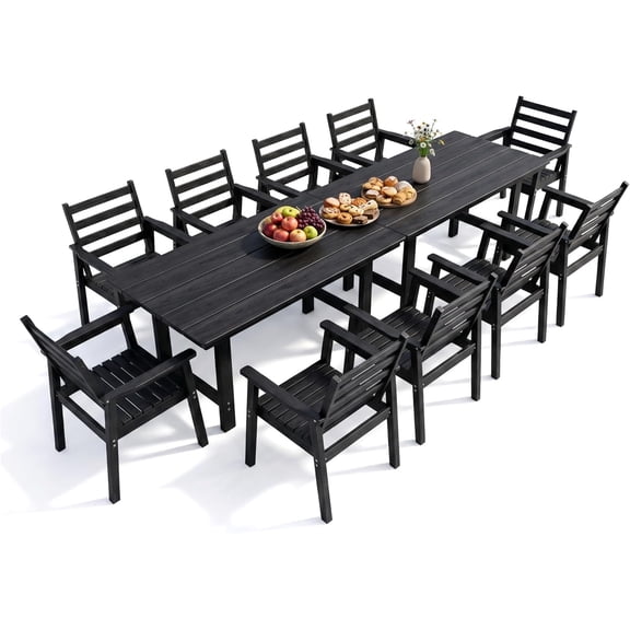 12 Piece HDPE Outdoor Dining Set for 10, Patio Dining Furniture Set with 2 Umbrella Hole, Weather Resistant Outdoor Table and Chairs for Garden, Poolside, Backyard, Deck