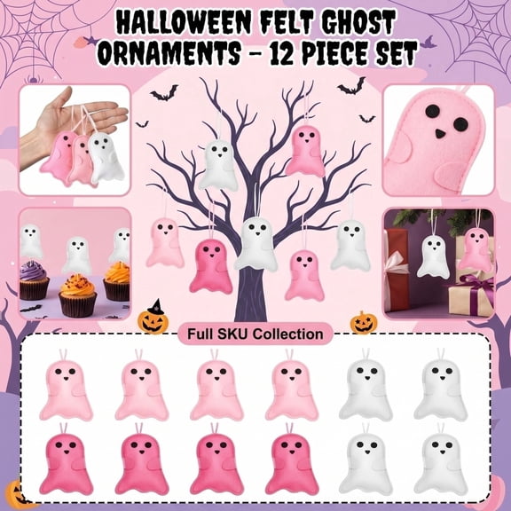 12-Piece Halloween Felt Ornaments Cute Ghost 3D Pink White Hanging Ornaments Christmas Tree Decorations Party Decor