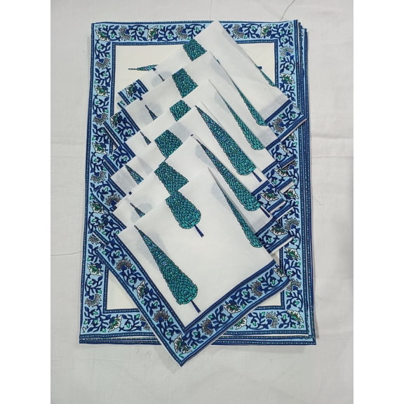 12-Piece Hand-Printed Cotton Dining Table Set 6 Placemats, 6 Napkins , Block Print, Eco-Friendly, Washable & Reusable
