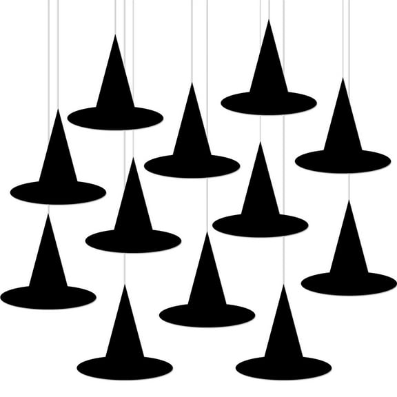 12-Piece Hanging Witch Hat Decor Set - Spooky Floating Halloween Decorations for Porch, Yard & Ceiling - Outdoor Witch Party Accessories in Black - Haunted House & Garden Display