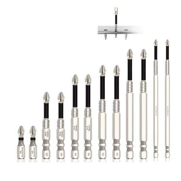 12-Piece High-Magnetic Screwdriver Drill Bit Set, 25-50-65-70-90-150 mm, 2 Pieces Each, OPP Bag Packaging