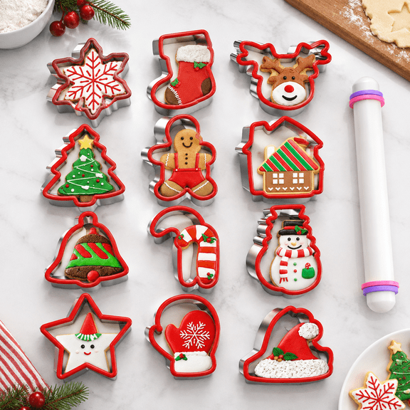 12-Piece Holiday Stainless Steel Cookie Set with Rolling Pin, Xmas Shapes