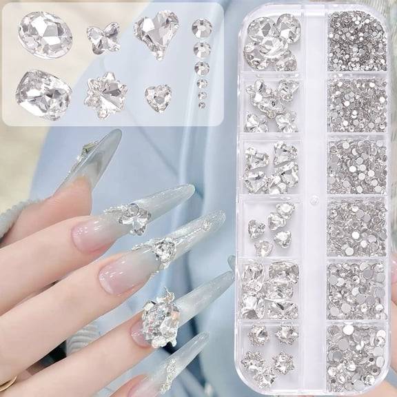 12-Piece Irregular Shape Glass Nail Art Tips Set - Elegant White Transparent Heart & Butterfly Designs for Creative Nail Art