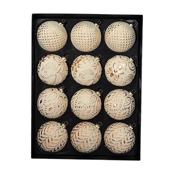 12 Piece Ivory and Gold Christmas Ball Ornament Set with Embossed Patterns