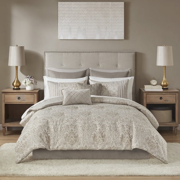 12 Piece Jacquard Comforter Set with Bed Sheets Khaki King