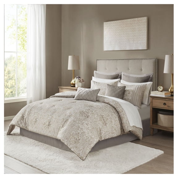 12 Piece Jacquard Comforter Set with Sheets - Queen Size - Metallic Damask Design - Bed in a Bag
