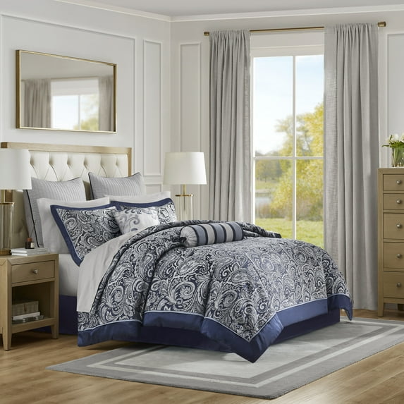 12-Piece King Comforter Set Navy - Jacquard Paisley Bedding Set with Cotton Sheets, Includes Comforter, Shams, Pillows & Bedskirt