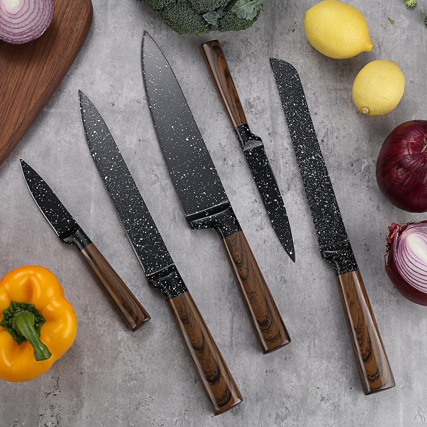 12-Piece Kitchen Knife Set with Wooden Block, Professional Chef Knife Sets with Steak Knives, High Carbon German Stainless Steel Knife with Japanese Designed Wooden Pattern Stainless Handle