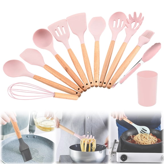 12-Piece Kitchen Silicone Cooking Utensils Set with Wooden Handles and Storage Cup Pink, Non-Scratch, Dishwasher Safe, Ideal for Daily Cooking and Meal Prep
