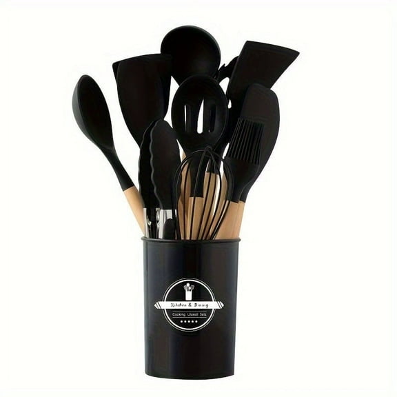 12 Piece Kitchen Utensil Set, with Wooden Handles, Includes Spatula, Whisk, Slotted Spoon - 446F Heat Resistant ,Black