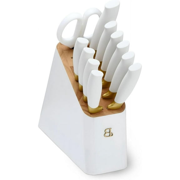 12 Piece Knife Block Set, Soft-Grip Ergonomic Handles, Stick Resistant,  Sharp, Comfortable, Easy Care, BPA-Free, White & Gold
