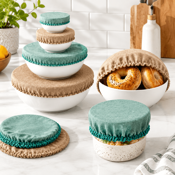12-Piece Linen Cotton Blend Bowl Covers, 6 Sizes for Proofing Baskets and Food Storage